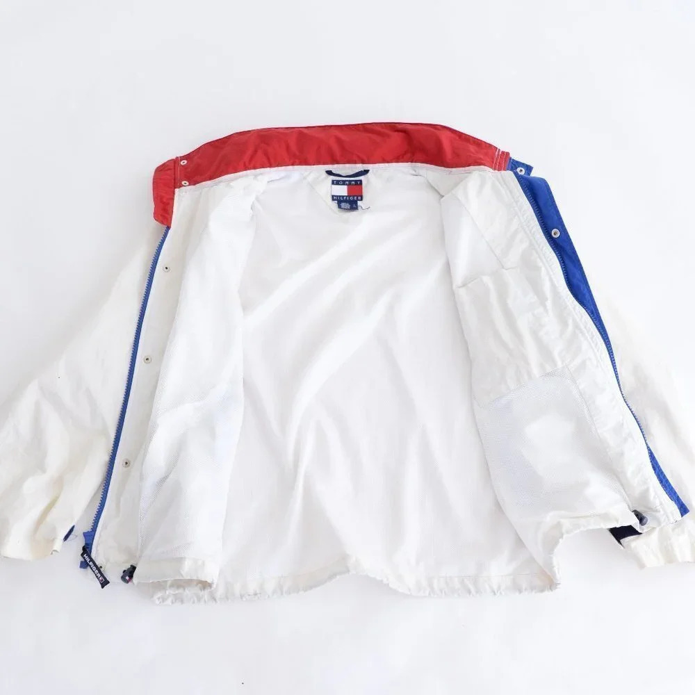 Vintage Y2K Tommy Hilfiger White Full Zip Windbreaker w Hidden Hood Size  Large - Picture 5 of 15
